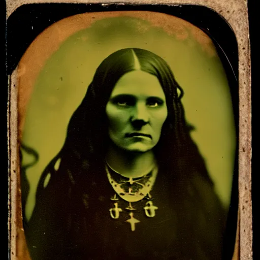 Image similar to daugerreotype of cthulhu high priestess. ambrotype of occult priestess. tintype of a beautiful woman