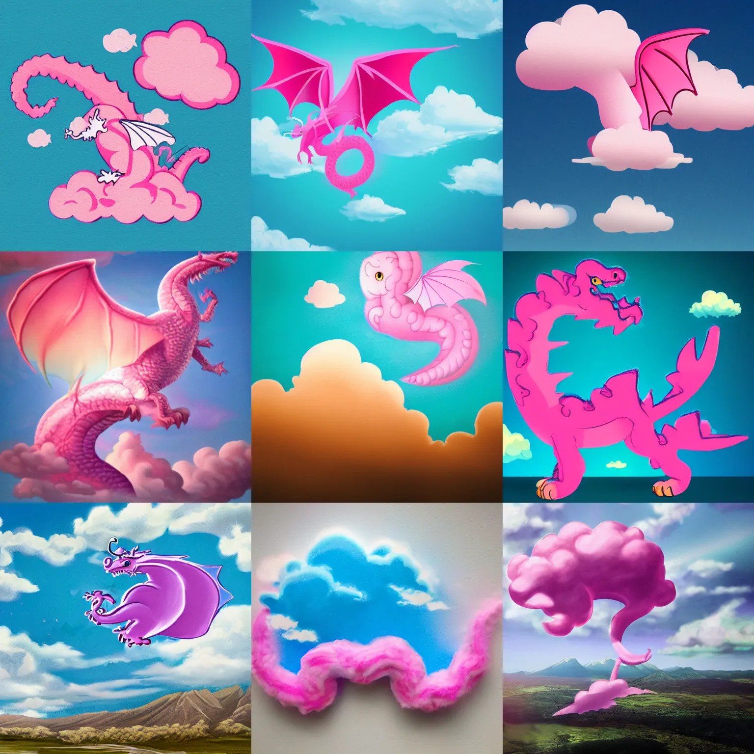 Prompt: a pink cloud in the shape of a dragon with a bright blue background, realistic, detailed, cloud in the shape of a dragon