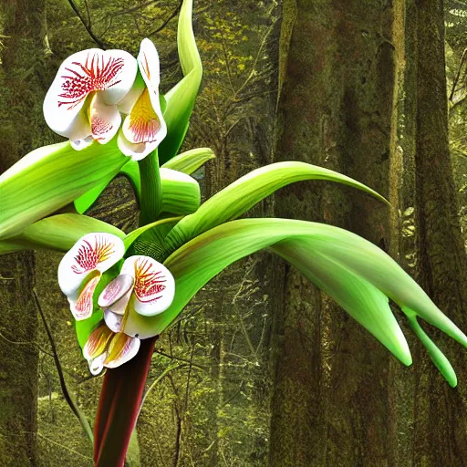 Image similar to giant orchid in forrest, highly detailed, photorealistic