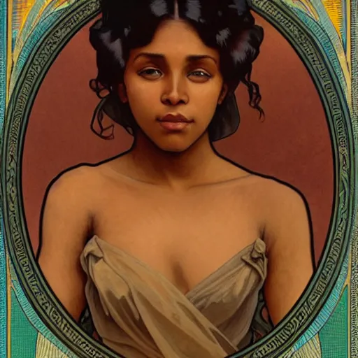 Prompt: upper body portrait, brown skinned woman, artgerm, alphonse mucha