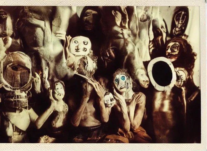 Image similar to polaroid still from an art house film by alejandro jodorowsky, roger ballen and maya deren : : surreal scene in a picturesque setting : : mirrors, masks, costumes : : close - up of the actors'faces : : cinemascope, technicolor, 4 k