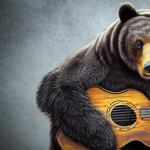 Image similar to realistic bear playing guitar in Subway, fantasy, epic detail, sharp, photorealistic, atmospheric,