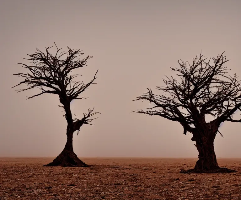 Image similar to an isolated ancient tree in the middle of a barren dessert, bleak, sandy, foggy, sunrise, dreary