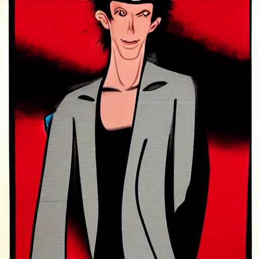 Image similar to A very red photgraphic portrait of the character, Desire, a tall, smiling androgyne with black hair and a grey pinstripe suit, studio lighting, medium shot, Life Magazine, 1978, Vertigo Comics, The Sandman written by Neil Gaiman, against a stormy sky