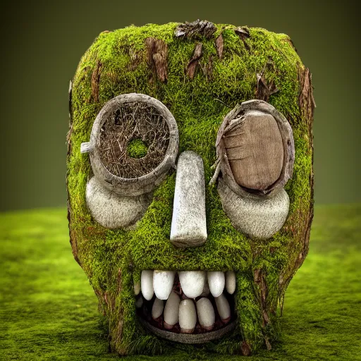 Image similar to a mossy humanoid with a wooden lantern as its head!!!!!, 4 k photorealism, trending on artstation, 4 k quality