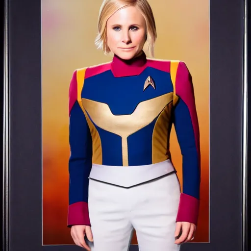 Image similar to a beautiful full body photograph of kristen bell as a star fleet officer from star trek next generation, extreme realism and detail, 8 k, completely framed, direct lighting, 3 5 mm photo, photorealistic, sharp focus