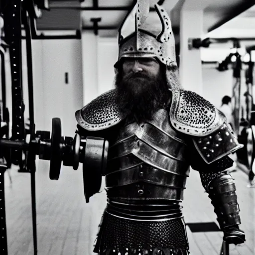 Prompt: photo of viking with armour at the gym cinestill, 8 0 0 t, 3 5 mm, full - hd