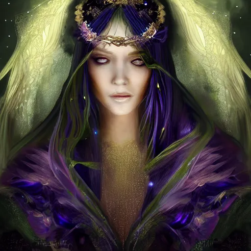 Image similar to detailed portrait of a fairy queen with wings wearing a magic silk and lace robe with a hood, crown, pixie, iris, realism, emerald, galaxy, sapphire,blonde hair going down to the floor, moonlit, dark fantasy, dramatic lighting, cgsociety, artstation