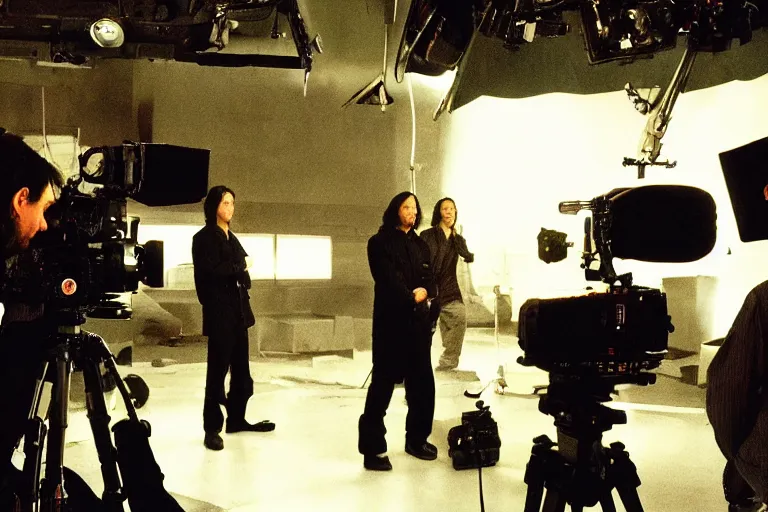 Image similar to Cinematography a behind the scenes shot from matrix movie. Hollywood. Camera crew. Keanu reeves. Watchowsky brothers. Cinema. by Emmanuel Lubezky