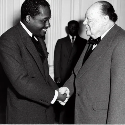 Prompt: 26 year old black man meeting Winston Churchill for the first time, old photo