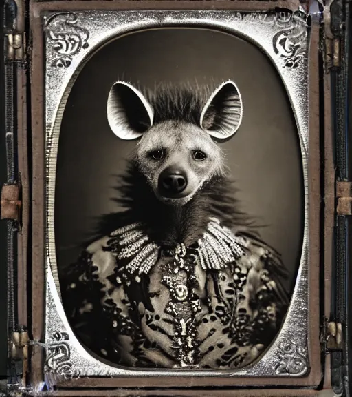 Image similar to professional studio photo portrait of anthro anthropomorphic spotted hyena head animal person fursona wearing elaborate pompous silver skull robes clothes by Louis Daguerre daguerreotype tintype