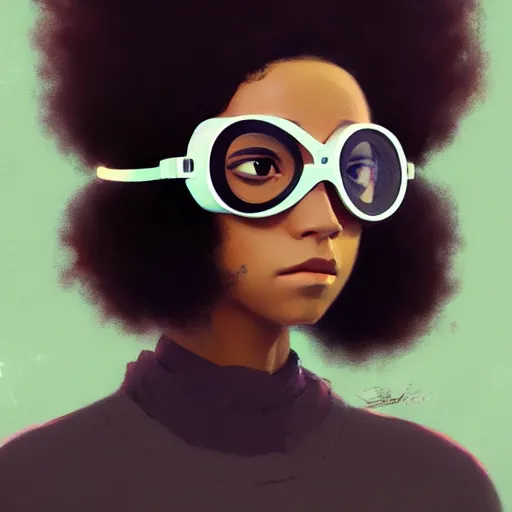 Image similar to Beautiful woman wearing opaque goggles profile picture by Greg Rutkowski, brown skin, long afro hair, asymmetrical, studio ghibli, Organic Painting , Matte Painting, geometric shapes, hard edges, street art, trending on the artstation, fantasy LUT, realistic by Sachin Teng,