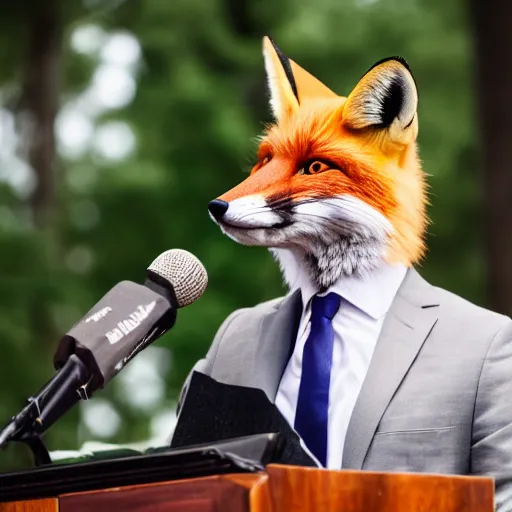 Image similar to a fox animal dressed in a suit giving a presidential speech, 8 5 mm f / 1. 4