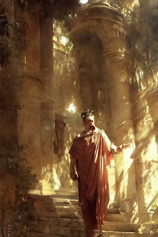 Image similar to ancient roman steve buscemi ascending wearing the civic crown, art by anders zorn, wonderful masterpiece by greg rutkowski, beautiful cinematic light, american romanticism by greg manchess, jessica rossier