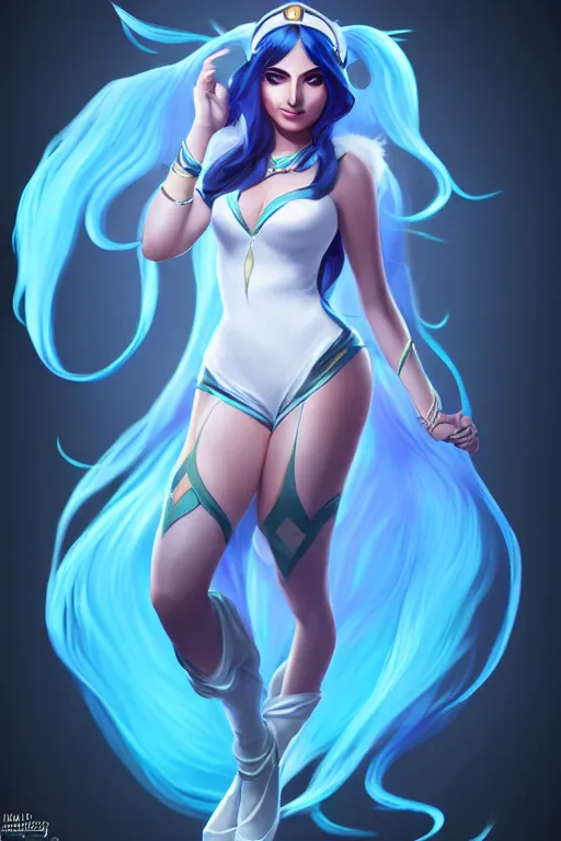 Image similar to Sona from League of Legends, photorealistic full body, studio lighting, white ambient background, highly detailed