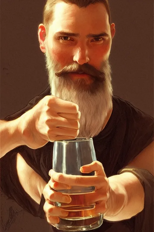 Prompt: a young man holding a beer giving a thumbs up with a long beard, real life skin, intricate, elegant, highly detailed, artstation, concept art, smooth, sharp focus, art by artgerm and greg rutkowski and alphonse mucha