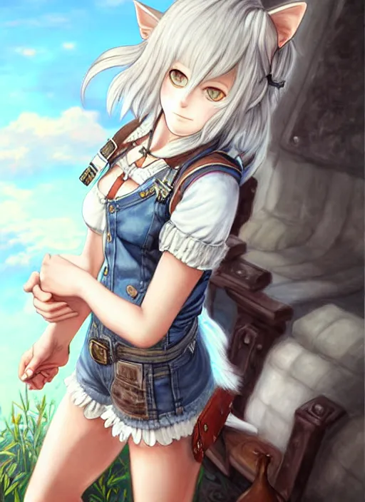 Image similar to a portrait of catgirl wearing white vest, and denim shorts an ultrafine detailed painting, detailed painting, detailed eyes, octopath traveler