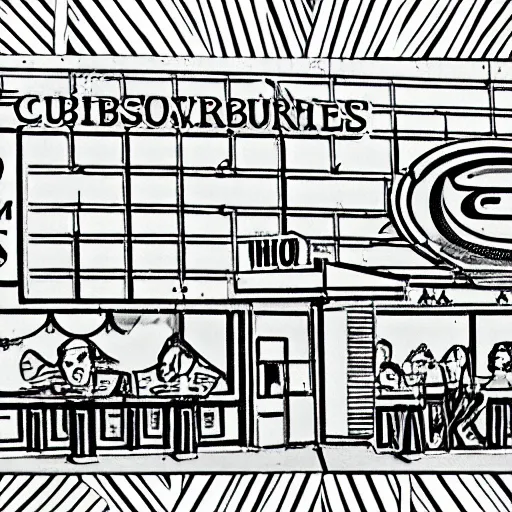 Prompt: black and white line drawing of a post apocalyptic kfc restaurant, cubism, high quality