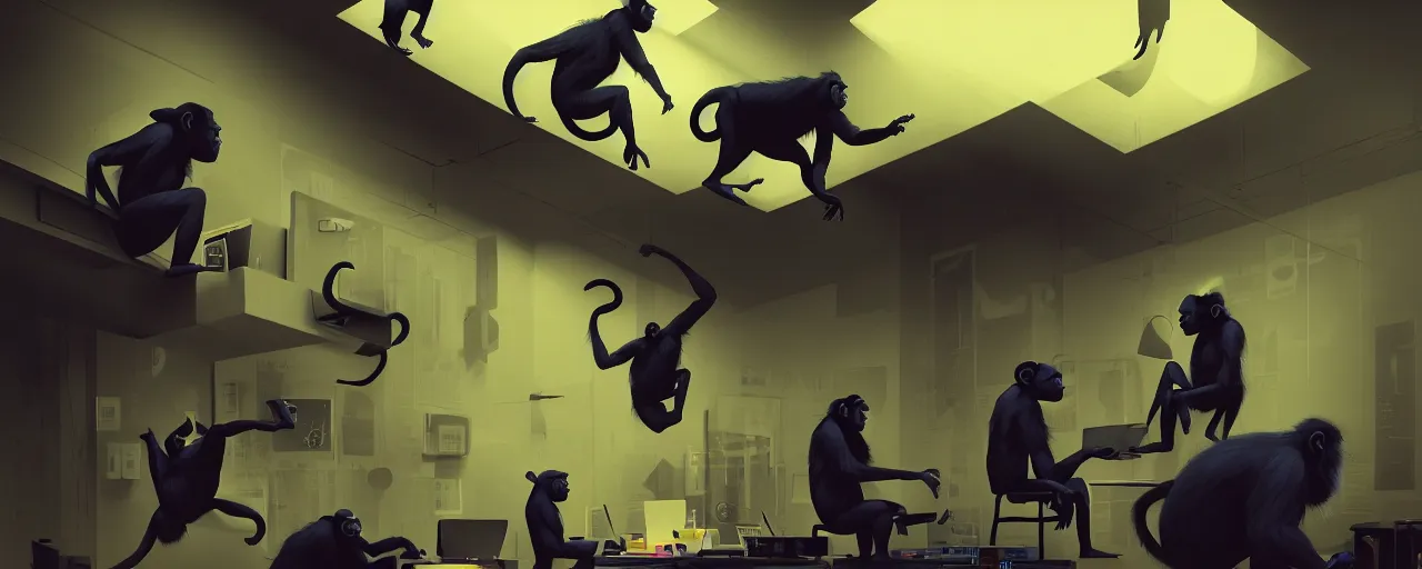 Prompt: duotone noir concept illustration of group wild and crazy chimps ruining inside of modern office computer rooms, octane render, concept hideo kojima surreal atmosphere, volumentric lighting. cosmic horror. accidental renaissance. by sachin teng and sergey kolesov and ruan jia and heng z. graffiti art, scifi, fantasy, hyper detailed. trending on artstation