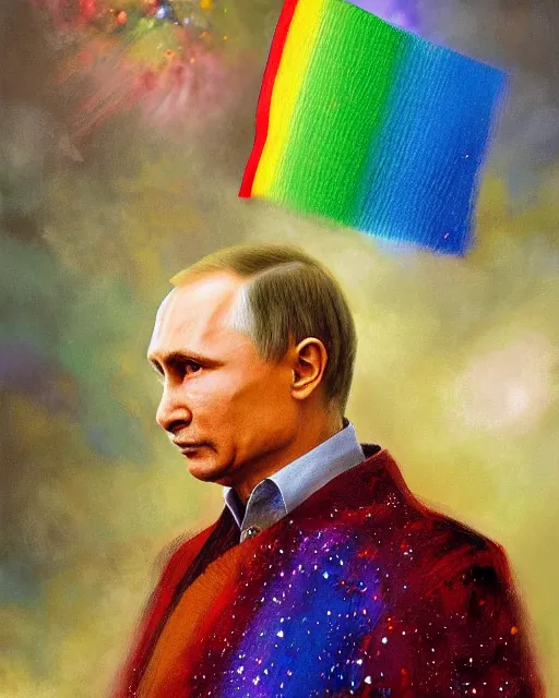 Prompt: a highly detailed portrait of Vladimir Putin holding a gay pride flag, intricate, digital painting, old english, particles floating, whimsical background by marc simonetti, John Singer Sargent style