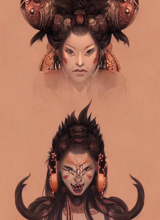 Prompt: a beautiful detailed oil on copper art illustration of a oni hannya mask shogun wolf woman, centered, by charlie bowater, zeng fanzh, trending on artstation, dim dusk lighting, cinematic lighting, detailed lighting, volumetric lighting, realistic, f 8, 4 k hd wallpaper