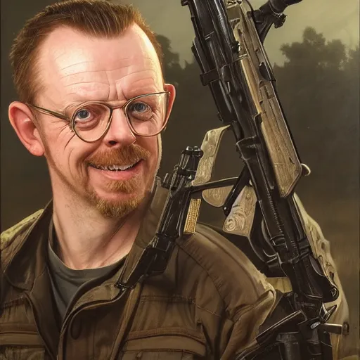 Image similar to portrait painting of smiling simon pegg with a rifle, ultra realistic, concept art, intricate details, eerie, highly detailed, photorealistic, octane render, 8 k, unreal engine. art by artgerm and greg rutkowski and alphonse mucha