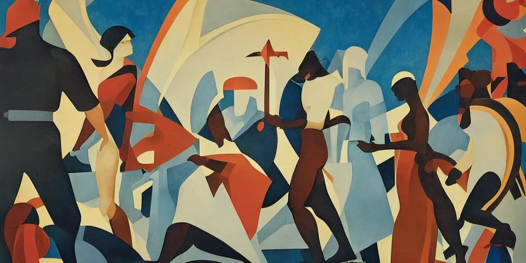 Image similar to a beautifully hopeful art deco mural about the good in society by aaron douglas and rockwell kent, photo realistic, octane rendered