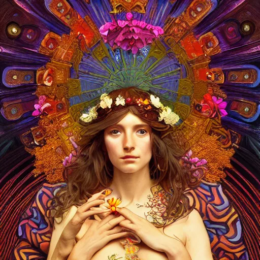 Image similar to a portrait painting of a singular beautiful female godess of spring, colorful flowers, holy geometry, tarot card style, by Mohrbacher and Moebius and Alphonse Mucha and Roger Deakins, cinematic lighting, masterpiece, golden ratio background, highly detailed, 8k resolution, trending on art station