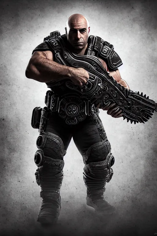 Image similar to Joe Rogan as a muscular Gears of War character, photorealism, full body, white ambient background, unreal engine 5, hyperrealistic, highly detailed, XF IQ4, 150MP, 50mm, F1.4, ISO 200, 1/160s, natural light, Adobe Lightroom, photolab, Affinity Photo, PhotoDirector 365, realistic