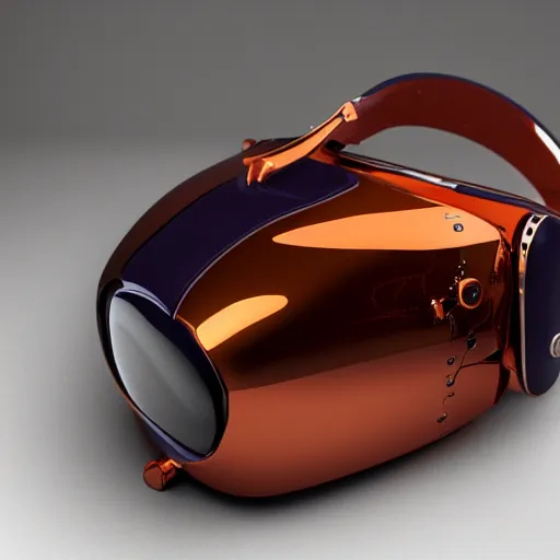 Image similar to award winning product photography, 3 5 mm lens, of a glossy orange metallic and shiny purple metallic shiny ergonomic virtual reality headset in style of a 1 9 3 6 bugatti type 5 7 sc, studio lighting,