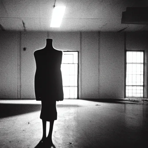 Image similar to empty warehouse room with a lone female mannequin in front of the camera cinestill liminal 7 0's film