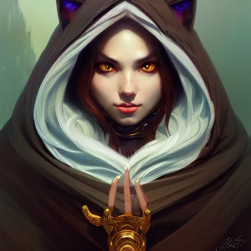 Image similar to portrait of cat wizard wearing a hood, face, fantasy, intricate, elegant, highly detailed, digital painting, artstation, concept art, smooth, sharp focus, illustration, art by artgerm and greg rutkowski and alphonse mucha