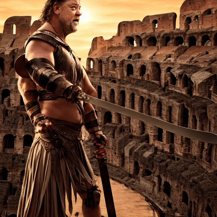 Image similar to russell crowe as a gladiator holding a sword, colosseum, sunset, cinematic lighting, volumetric lighting, award winning photography, highly detailed, intricate, sharp focus, 4 k wallpaper, unreal engine, 9 0 mm, f / 1. 4