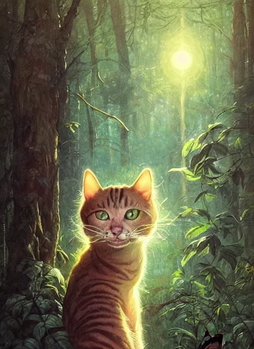 Image similar to a hyper realistic illustrated cat with happy lighting playing in the woods gorgeous lighting, sunbeams blue sky, lush forest foliage painting by chiara bautista and beksinski and norman rockwell and greg rutkowski weta studio, and lucasfilm