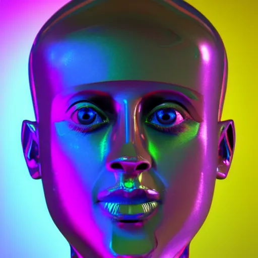 Image similar to 3d render of holographic human robotic head made of glossy iridescent, surrealistic 3d illustration of a human face non-binary, non binary model, 3d model human, cryengine, made of holographic texture, holographic material, holographic rainbow, concept of cyborg and artificial intelligence