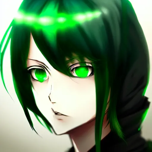 Image similar to a woman with dark green hair and glowing green eyes, anime, artstation, trending on artstation