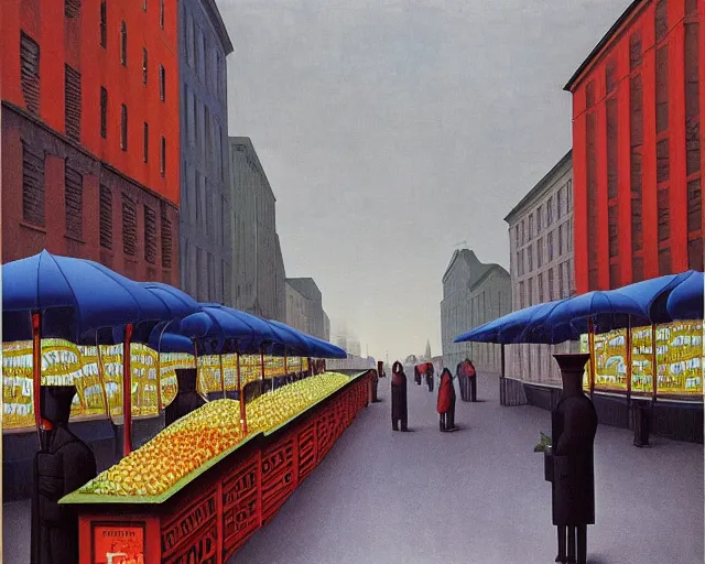 Prompt: street with food stands in a cyberpunk city on a rainy melancholy night by rene magritte