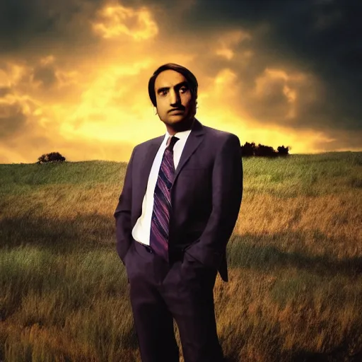 Image similar to Raj Koothrappali as Saul Goodman, promo poster, clouds in the background, cinematic light, 35 mm, film grain, movie, realistic