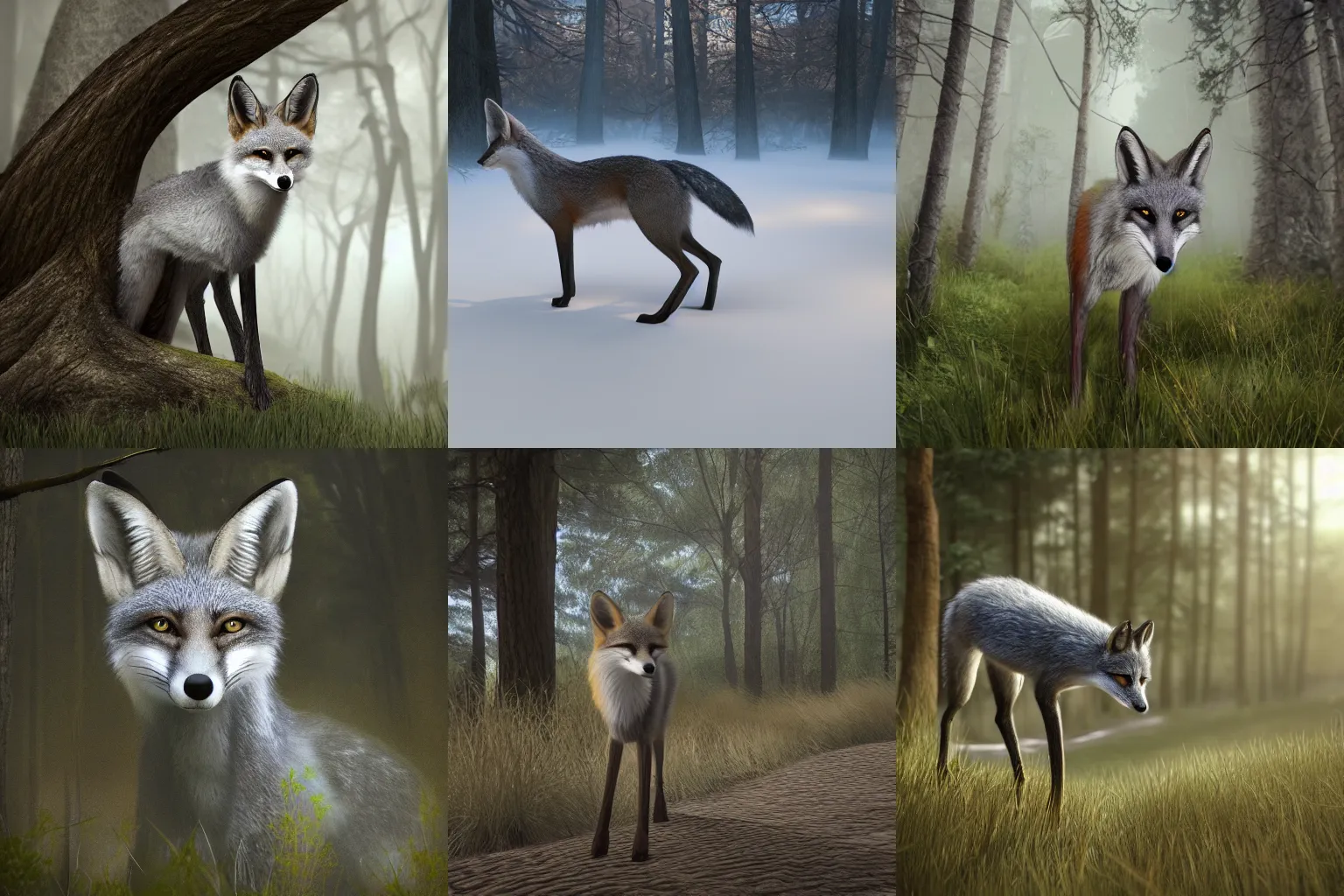 Prompt: a grey fox in the woods, trending on artstation, photorealistic, photo, 8 k, 4 k