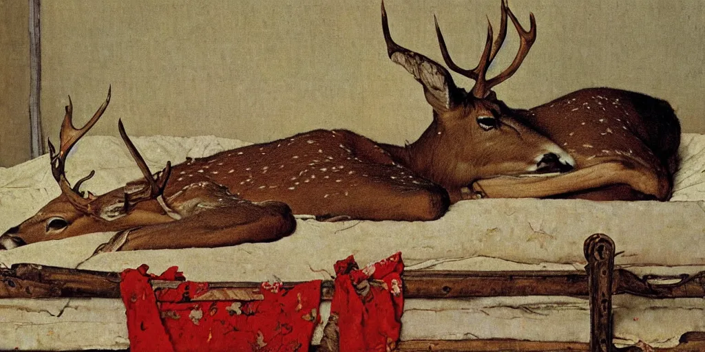 Image similar to deer with antlers sleeping on a cot, norman rockwell