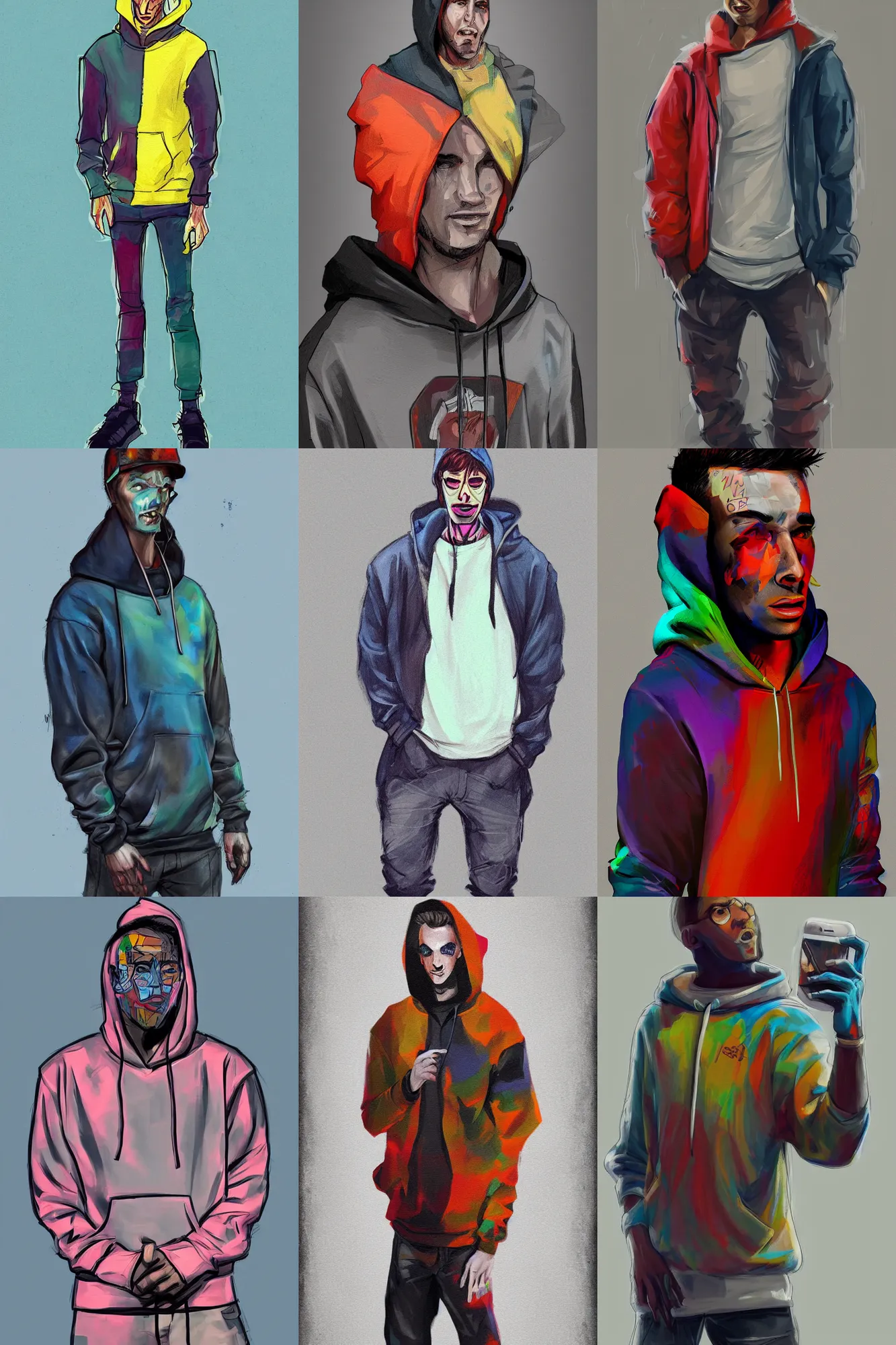 Prompt: a full body concept art portrait digital painting of a single man dressed in 90s street clothing and a hoodie with face and body clearly visible by Ben Shafer and Justin Holt, valorant, artstation trending, high quality, happy mood, artstation trending, vibrant colours, no crop, no helmet, entire character, blank background, SFW,