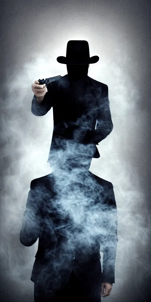 Image similar to mysterious man in black suit and black hat, he has a pistol, smoke, fog, mysterious, 4 k, highly detailed, digital art, strong shadows, high contrast, epic scene, atmospheric, blue colours, old photograph