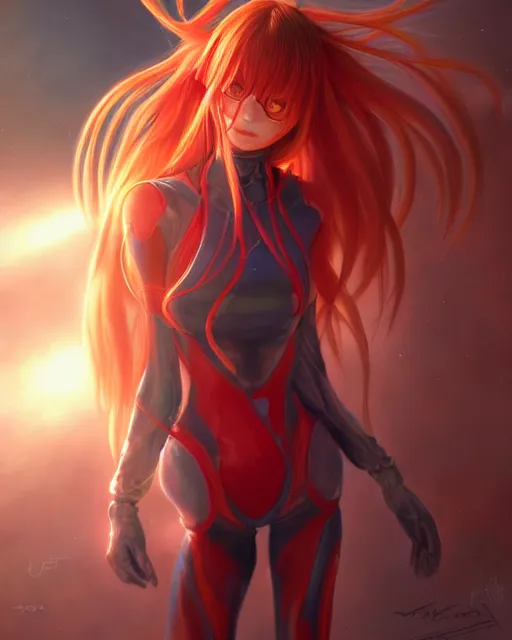 Image similar to asuka langley soryu wearing plugsuit, award winning photograph, radiant flares, realism, lens flare, intricate, various refining methods, micro macro autofocus, evil realm magic painting vibes, hyperrealistic painting by michael komarck - stephen gemmell