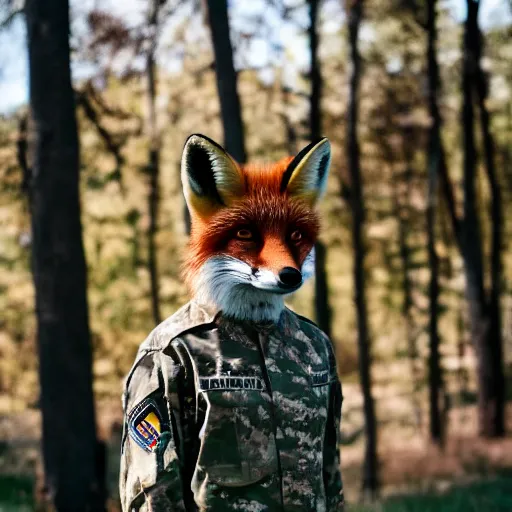 Image similar to a Fox dressed in a modern American general uniform, 85mm f/1.4