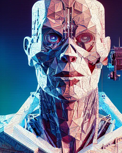 Prompt: highly detailed vfx portrait of terminator, geometric polygons, global illumination, detailed and intricate environment by james jean, liam brazier, victo ngai and tristan eaton