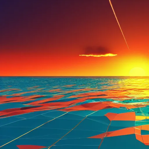 Image similar to 3d low polygon ocean scene with stunning sunset. 8k resolution. raytracing. trending on artstation.