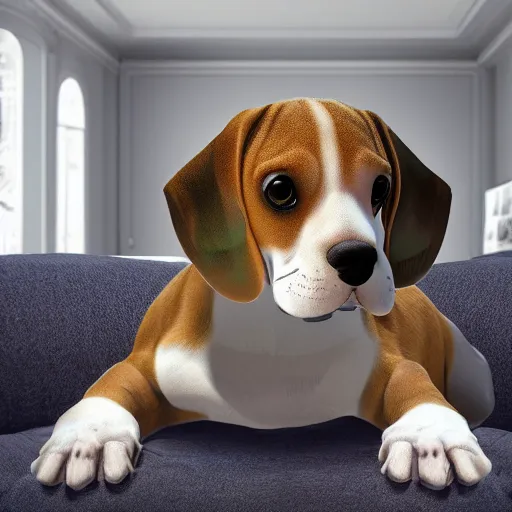 Image similar to a 3d beagle puppy head lamp, placed in a large living room, art designers magazine HD photo superrealism 3d 8k resolution