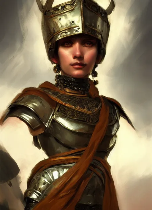 Image similar to close - up portrait of an ancient roman character in chrome ornate armor, by ilya kuvshinov, by thomas lawrence, by bayard wu, trending on artstation, masterpiece