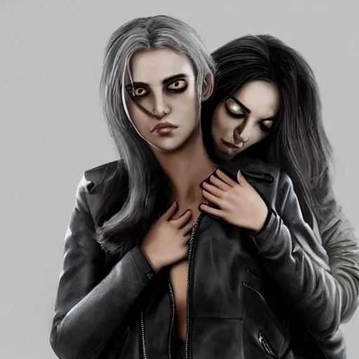 Image similar to Hot young woman, grey skin, void eyeballs, tattoos, wearing a leather jacket, hugging a shrouded person as they cry on her chest, concept art