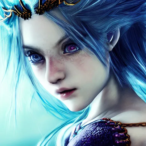 Prompt: The dragon girl portrait, portrait of young girl half dragon half human, dragon girl, dragon skin, dragon eyes, dragon crown, blue hair, long hair, highly detailed, cinematic lighting, chiaroscuro lighting, By David Lynch and Yoshitaka Amano